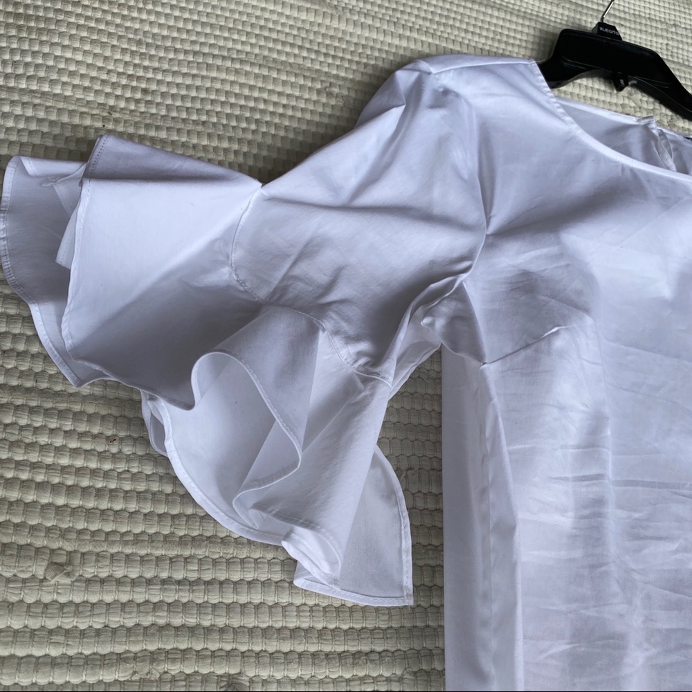 Calvin Klein White Poplin Ruffle Sleeve Blouse XL NWT Summer Chic - Picture 3 of 10
